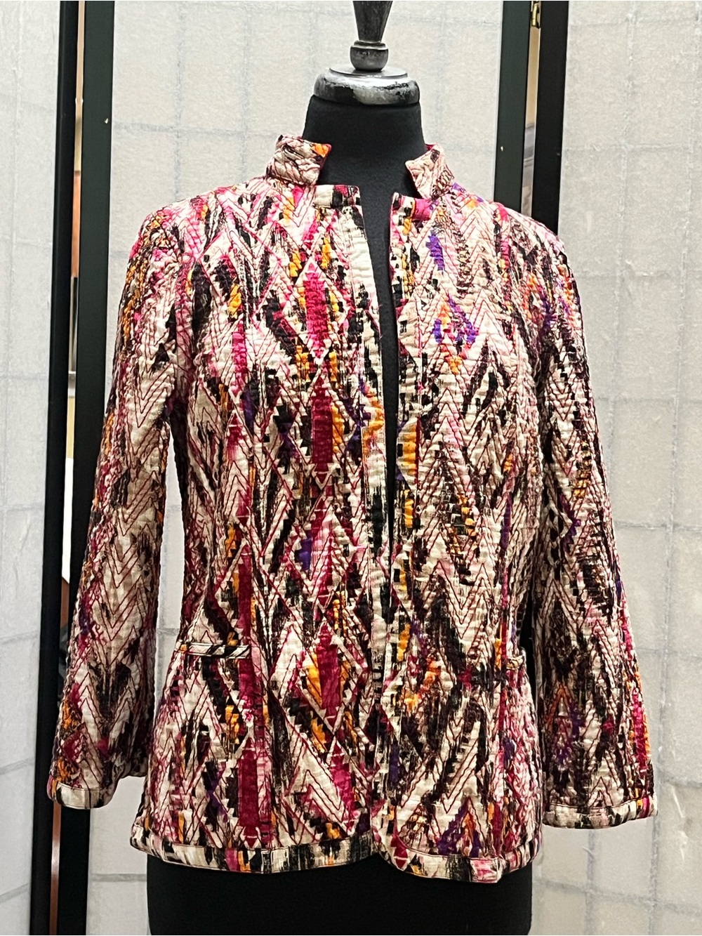 Chicos Multicolor Rina Tribal Jacket Brown geometric Diamond Pattern SIZE S-4